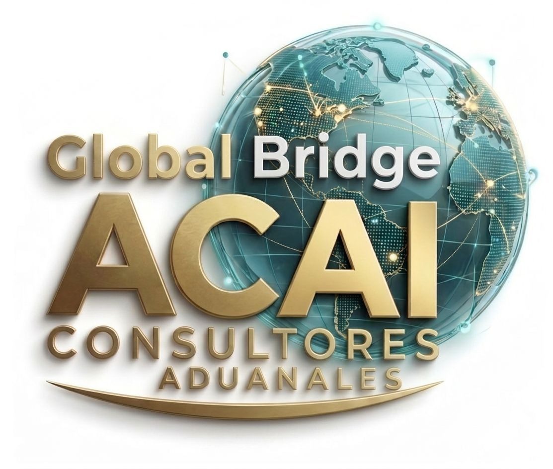 Logotipo de Global Bridge ACAI Consultores Aduanales: globo terráqueo con letras doradas